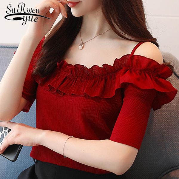 

summer slash neck women short sleeve chiffon blouse shirt fashion 2021 sweet women's clothing blusas d825 30 blouses & shirts, White