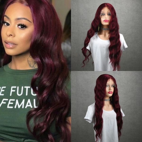 

long deep wave burgundy lace front wigs middle part wine red colored synthetic wig pre plucked for women, Black
