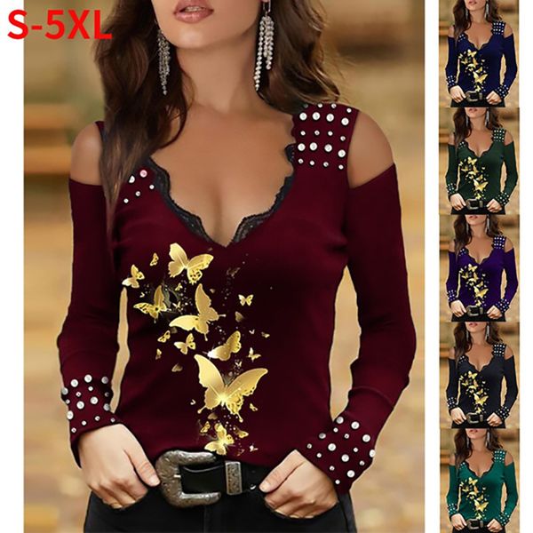 

2021 women's lace collar off shoulder gold butterfly print long sleeve t-shirt, White