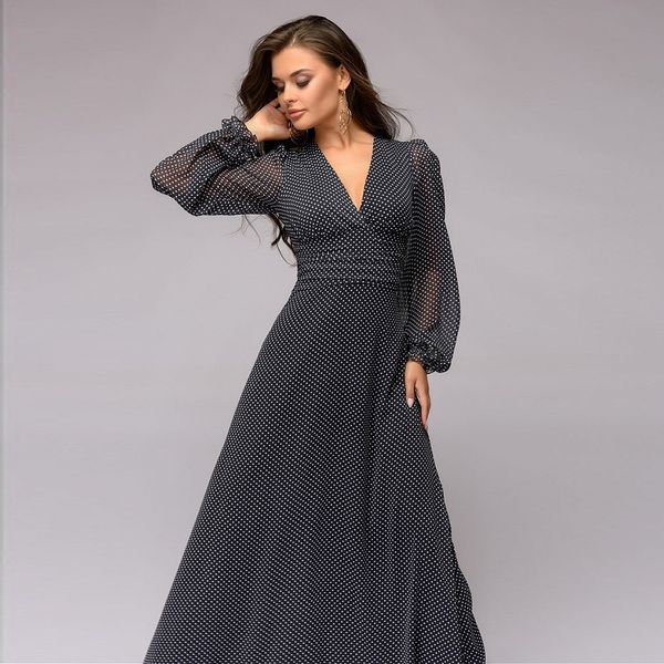 Mode Frauen Casual Lange Party Kleid Langarm V-ausschnitt Polka Dot Gedruckt Abendkleid Elegante Damen Sommer Neue Kleid 210412