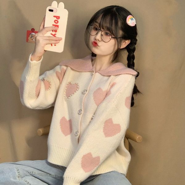 

women's sweaters rose heart knitted woman's cardigan, sweater kawaii winter vintage pearl button long sleeve jumper sweet autumn c, White;black