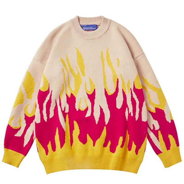 

men's sweaters 2021 mens sweater hip hop streetwear flame color contrast knitted pullover japanese harajuku oversized cotton jumper, White;black