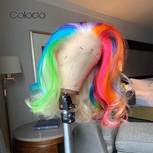 

lace wigs rainbow colored front human hair ombre pink 613 blonde wavy transparent, Black;brown