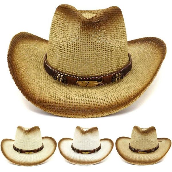 

cloches men women western cowboy cowgirl hat beach wide brim straw cap sunsreen, Blue;gray