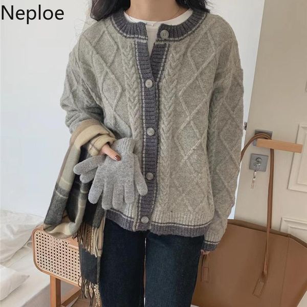 

women's knits & tees neploe o neck knitted cardigan women autumn winter loose long sleeve single breasted sweater jacket vintage twist, White