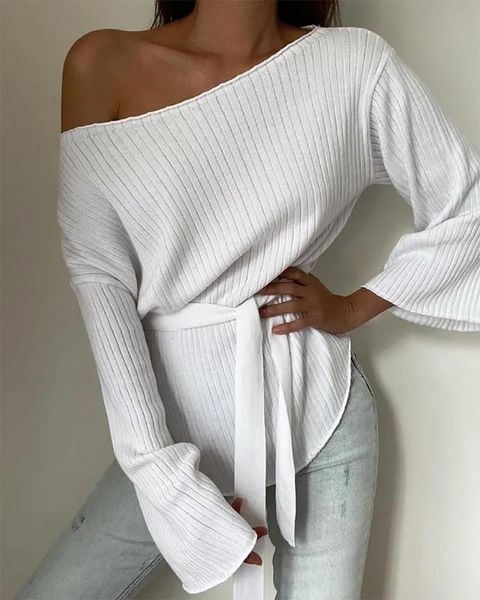 

women's sweaters bell sleeve tied detail knit women autumn 2021 fashion, White;black