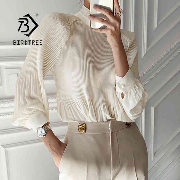 

elegant chic stand collar women solid shirts blouses spring ladies long sleeve pleated loose female blouses t12101x 210419, White