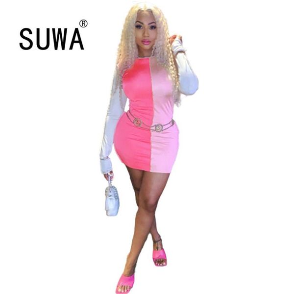 

casual dresses white pink patchwork sheath mini for women o neck long sleeve t-shirt tunic trendy chic party clubwear dress, Black;gray