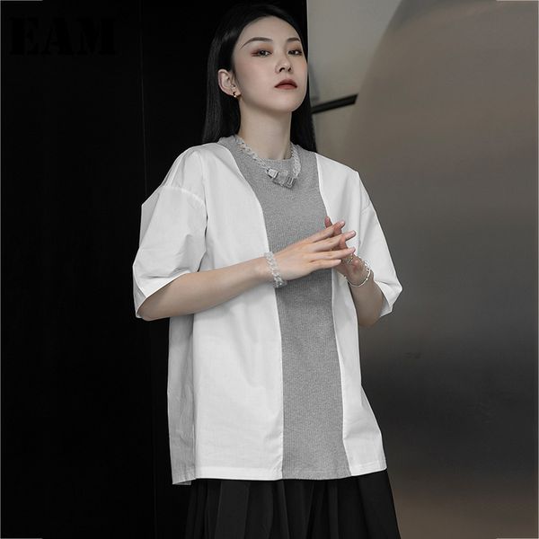 

[eam] women white striped big size casual loose fit t-shirt round neck half sleeve fashion spring summer 1dd7720 21512