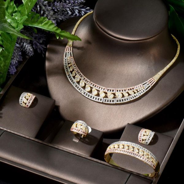 

earrings & necklace hibride fashion geometric square stud for women wedding cubic zirconia bohemian dubai bridal set n-1779, Silver