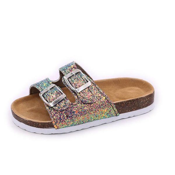 

kids slippers summer beach children cork sandals bling sequins kinder meisjes barefoot flats girls slipper, Black;grey