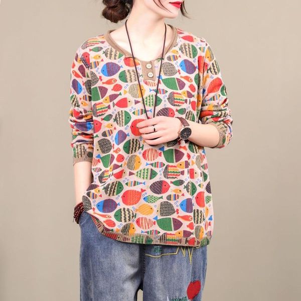

retro literature spring pullovers sweet print sweater women's long sleeve loose pull oversize woman 2021 20574 sweaters, White;black