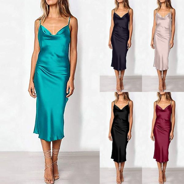 

casual dresses silk bodycon dress for ladies fashion light vestido women's solid color slim banquet halter long, Black;gray