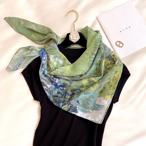 

scarves winter real women pashmina hijab 2021 twill silk 90cm fashion foulard painting printing shawl sunscreen bandana, Blue;gray