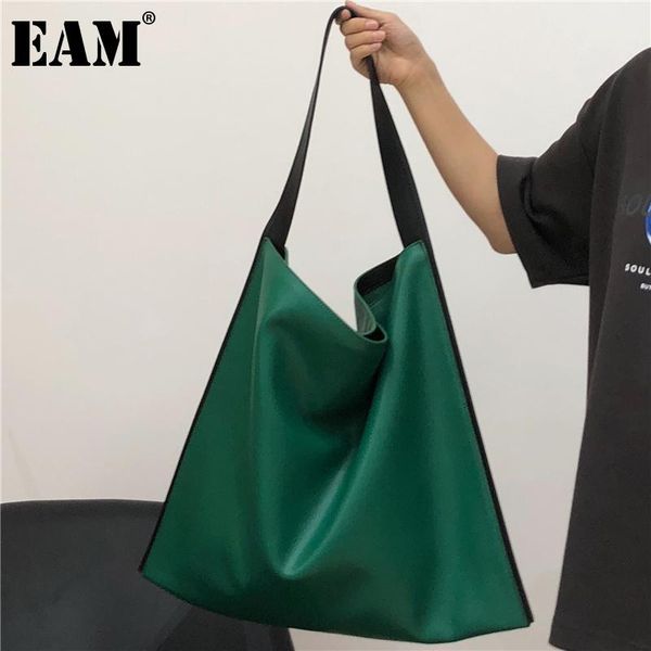 

evening bags [eam] women large capacity tote bag contrast wide strap pu leather personality all-match shoulder fashion 2021 18a3398