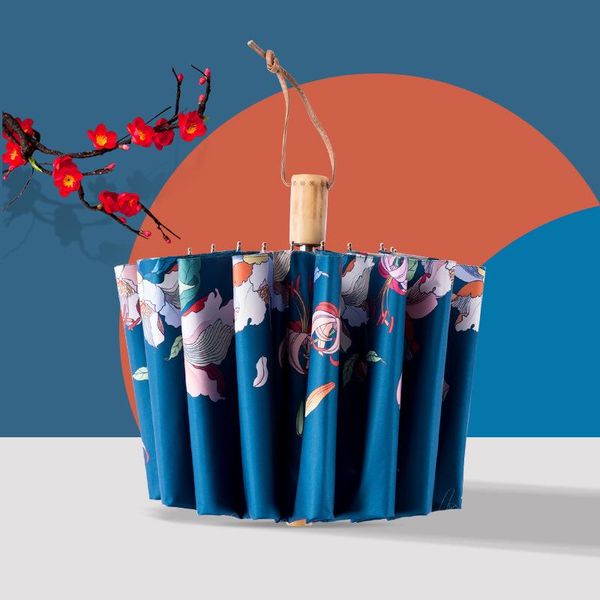 

umbrellas 16 ribs large sun umbrella rain women windproof wooden handle reverse 3 folding anti-uv parasol girl flower