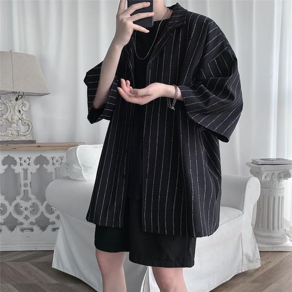 

men's casual shirts summer short-sleeved shirt five-point sleeve drape suit collar trendy plus size korean striped beach, White;black