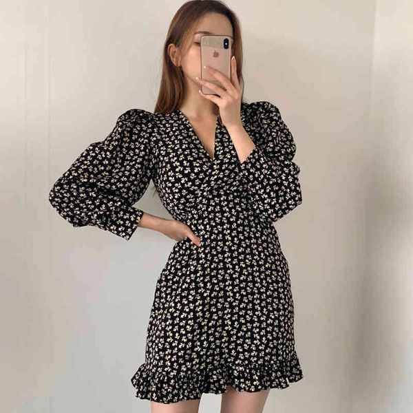 

women dresses spring summer 2021 v neck floral print mini vintage dress, White