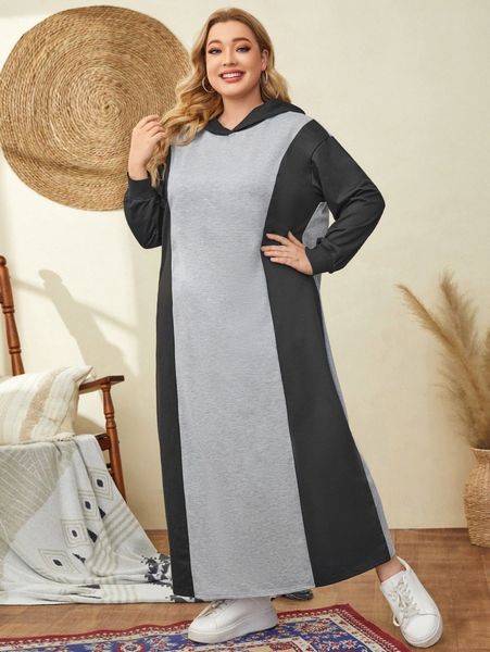 

plus colorblock drop shoulder hoodie dress q8ld#, Black