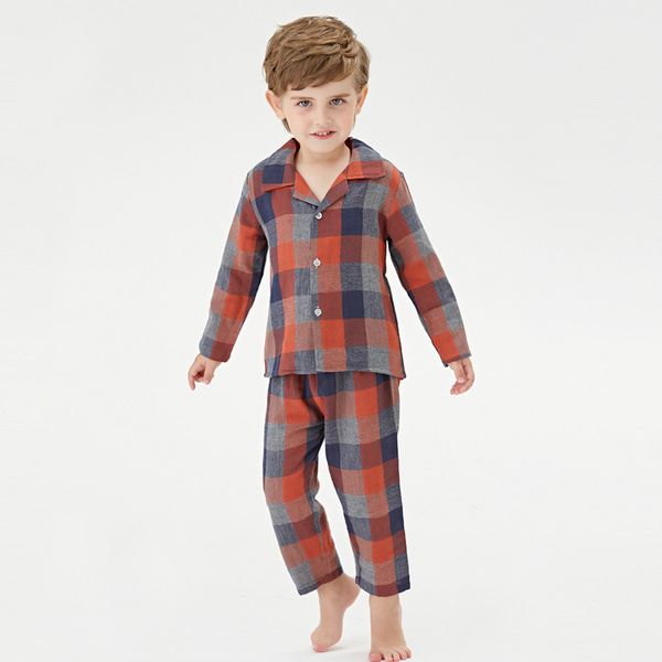 

muji double-layer cotton yarn household clothes good plaid children's pajamas set autumn pajamas, Blue;red