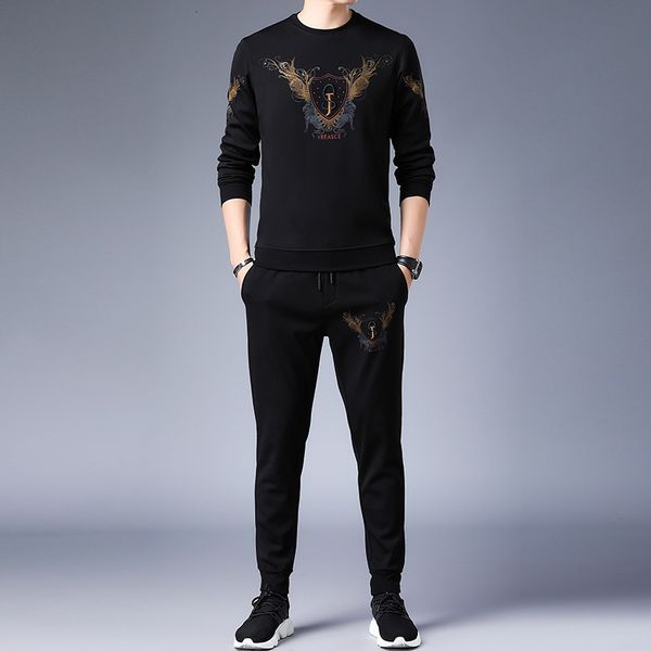 

2021 spring and autumn men's leisure sports suit long sleeve thin round neck loose sweater + trousers two piece set, Black
