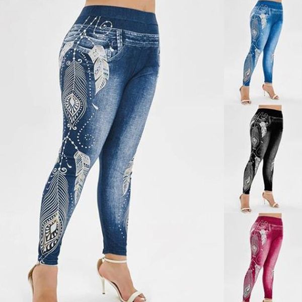 

women's leggings womens imitation jeans floral printing elastic waist pencil pants jeggings plus size legging ladies sweatpants trouser, Black