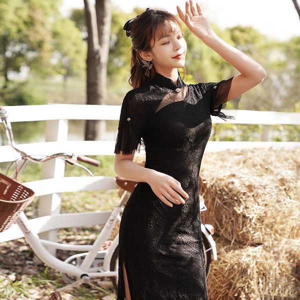 

modified model of erosion bone restoring ancient ways young black bud silk cheongsam autumn outfit elegant dress ethnic clothing, Red