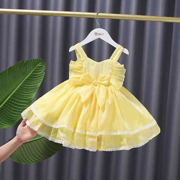 Abiti per bambini spagnoli Baby Girl Lolita Princess Yellow Dress Infant Bow senza maniche Ball Gown Toddle Birthday Eid Clothes 210615