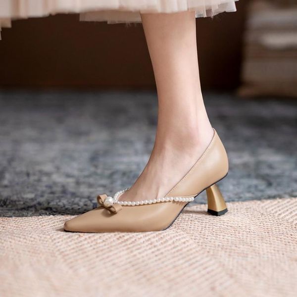 

dress shoes 2021 french women's elegant ball pearl high heels shallow bow thin pointed heel spring women pumps, Black