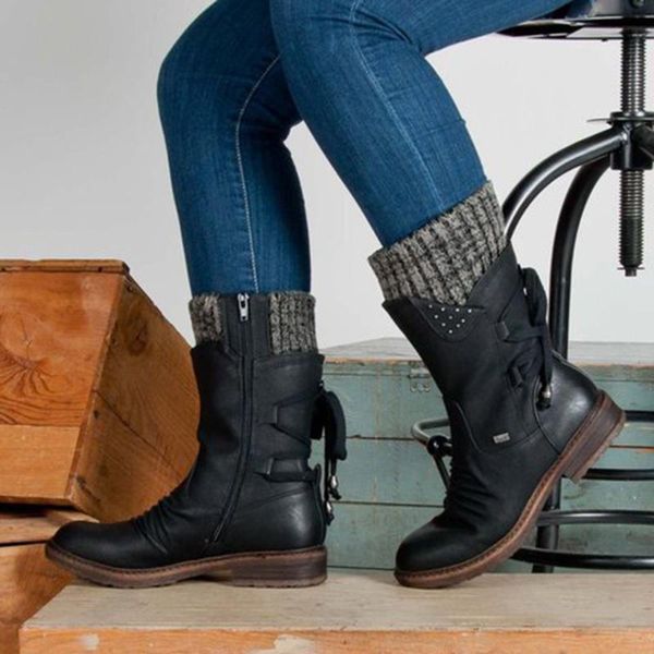 

boots 2021 women snow vintage retro rome mid-calf female autumn winter lady flat heels sock shoes botas mujer, Black