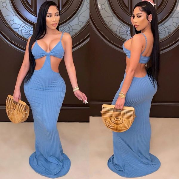 

casual dresses bra cut out knitted dress women night party long spaghetti strap floor length club summer bodycon, Black;gray