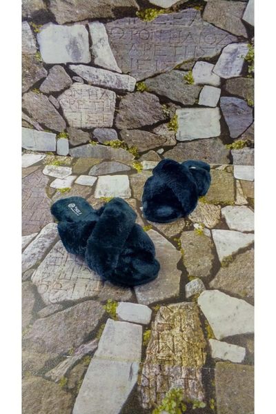 

women's black cross plush winter house slippers