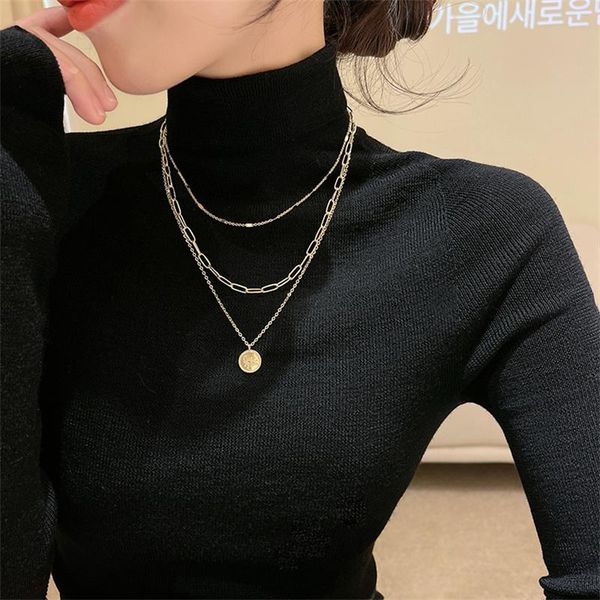 

chains gold plated layered pendants sweater necklace sets for women retro stainless steel punk neck chain hip hop jewelry accesories, Silver