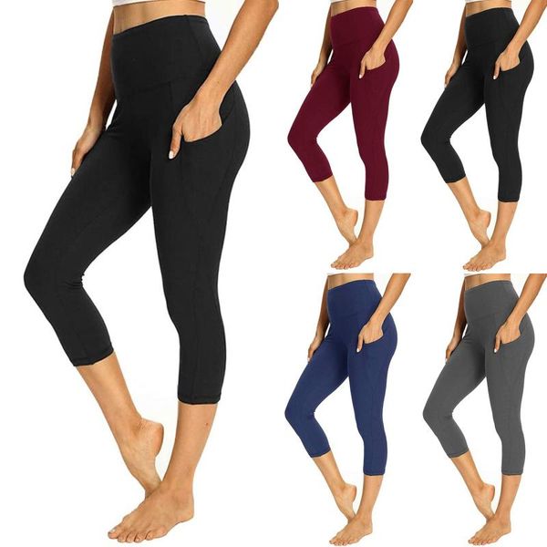

yoga outfit casual women's 3/4 pants gym fitness sports cropped leggings pocket slim female solid color