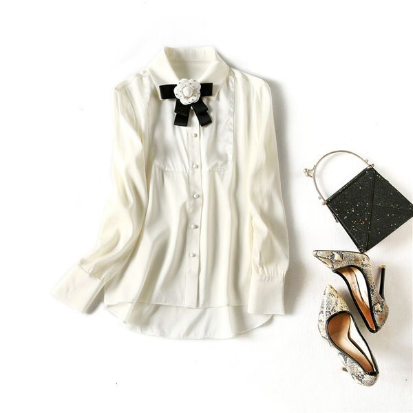 

european and american women's clothes spring the 2021 long - sleeved lapel bow corsage fashion silk shirt 8qcp, White