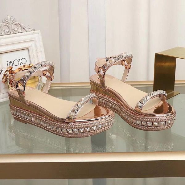 

sandals women's genuine leather rivet sell brands designers buckle strap classic platform shoes, Black