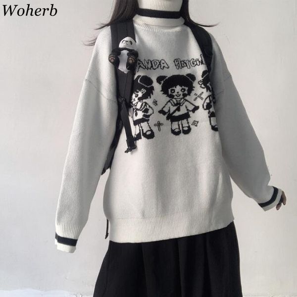 

woherb cartoon girl sweater female korean harajuku women pullover japanese kawaii cute ulzzang clothing female sweet jumper, Black
