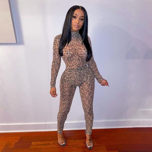 

women's jumpsuits & rompers long sleeve jumpsuit women print bodycon overalls turtleneck high waist sports wear party streetwear club o, Black;white