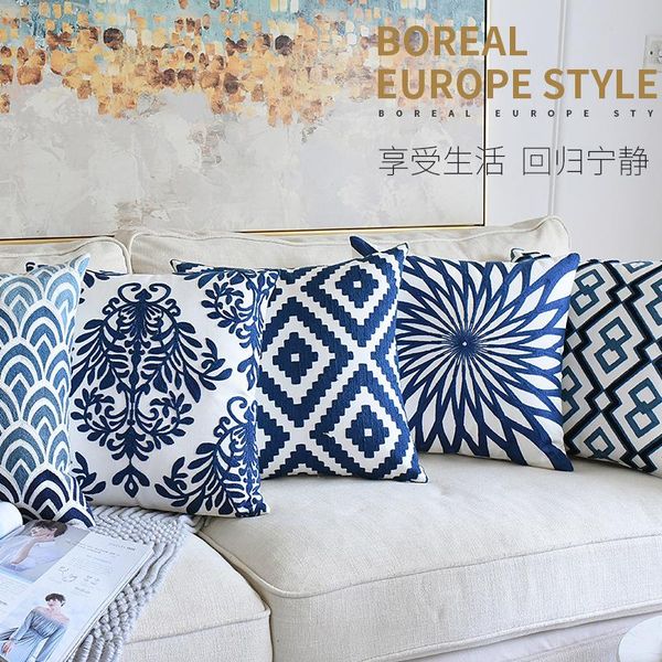 

packs 2 nordic blue cushion cover geometric embroidery pillowcase quality durable cotton pillow for living room sofa couch cushion/decorativ
