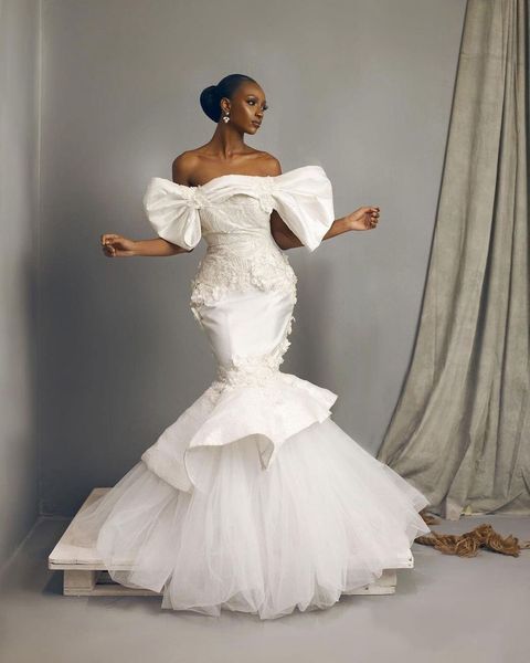 

african mermaid 2021 wedding dresses bridal gowns off the shoulder appliqued bow lace long satin bride plus size robes de mariÃ©e, White