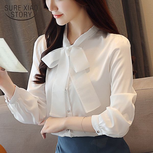 

fashion shirts autumn long sleeve chiffon solid white bow o-neck women and blouses 5116 50 210417