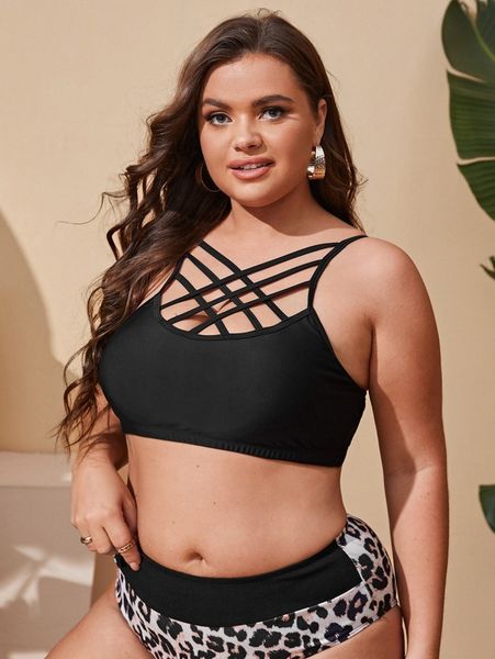 

plus solid lattice bikini g9po#, Black