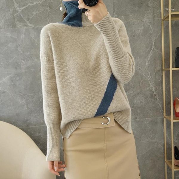 

women's sweaters herbst und winter neue mode farbe-blocking rollkragenpullover 2021 reiner wolle pullover frauen lose revers, White;black