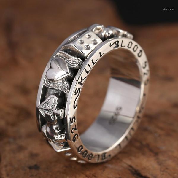 

cluster rings 100% 925 silver skull spinning ring vintage sterling heart-shape turning good luck, Golden;silver