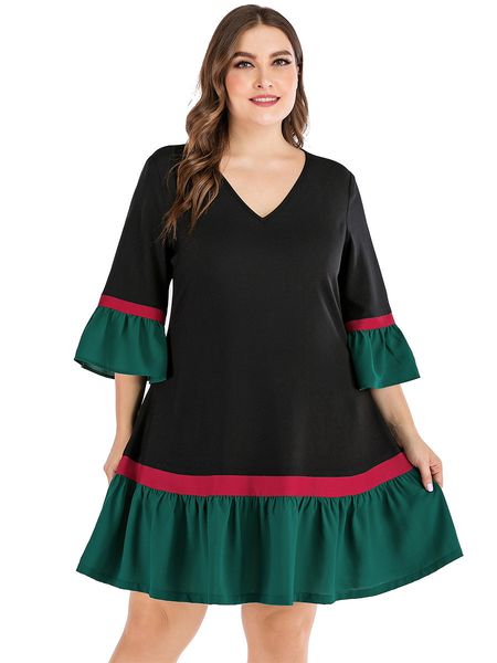 

Plus size Dresses Hy86203# Large Patchwork Pleated Hem, Green