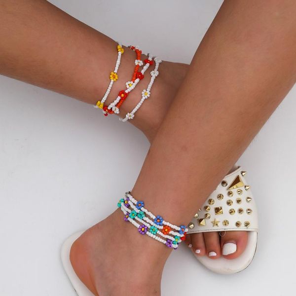 

chains anklet necklace daisy sun flower for women girls acrylic beads sweater chain bohemian summer colorful rice on sandals, Silver