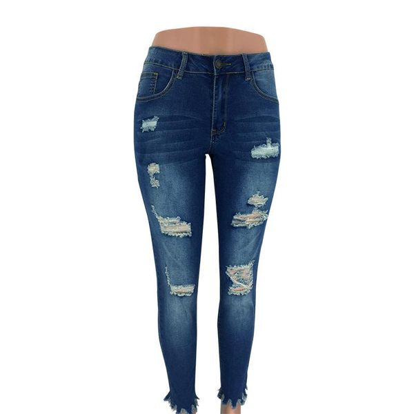 

women's jeans casual ladies mid-waist tight-fitting pencil blue ripped nine-point slim-fitting tight pants