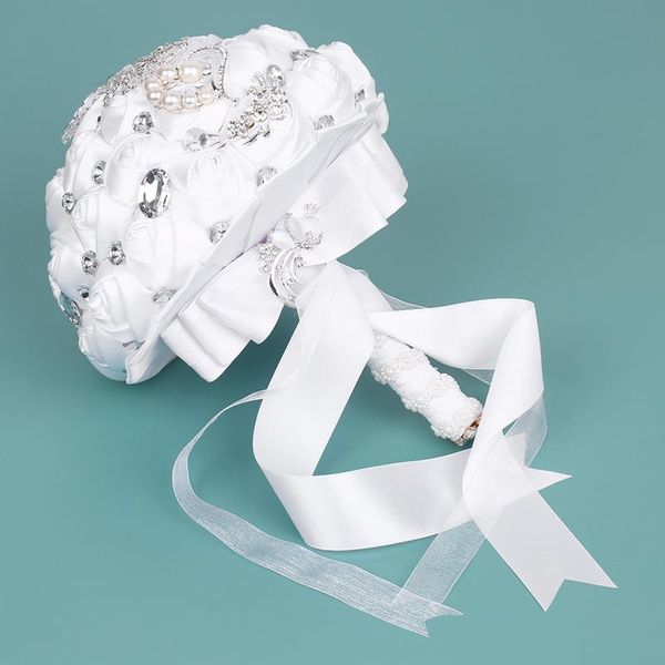 

24cm bridal bouquet handmade wedding brooch rhinestone satin rose flower with artificial pearls decorated for bride decorative flowers & wre