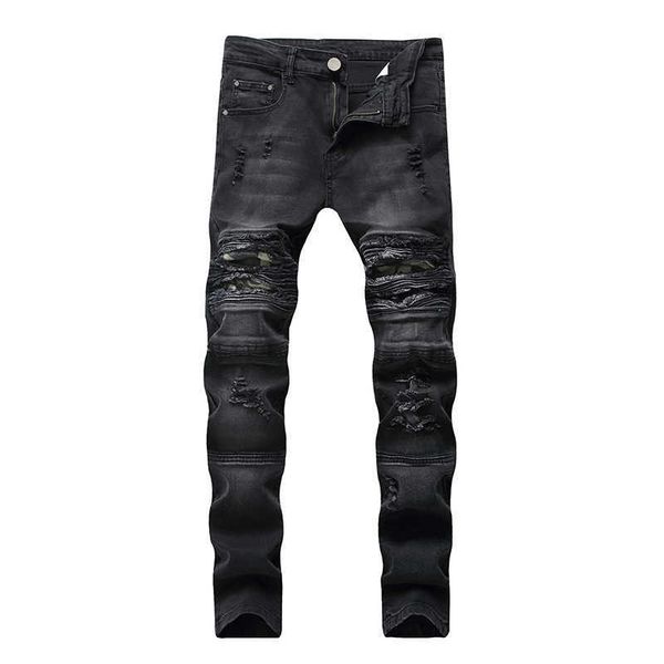 Jeans masculinos Drop Shipping Biker Ripped calça jeans com zíperes plissados ​​reta Men Skinny Retro Troushers Y2303