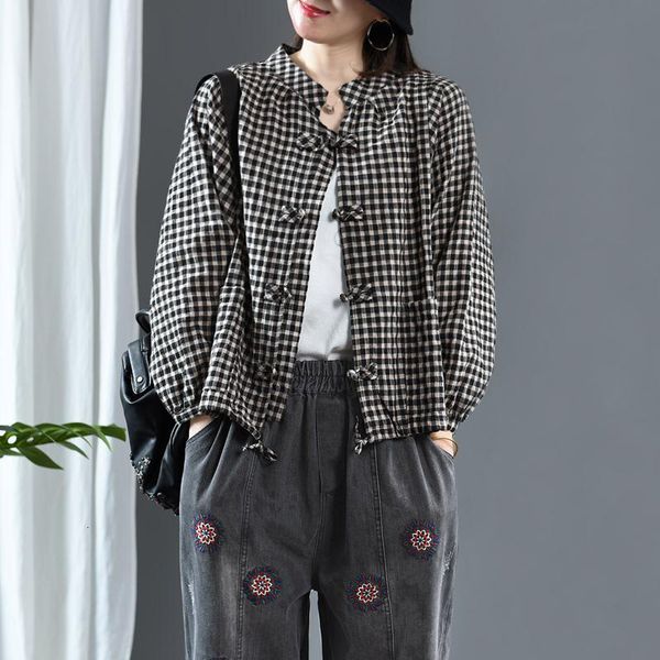 

spring arts female long sleeve lets loose double coat linen cotton plaid short vintage jackets plus size m170, Black;brown